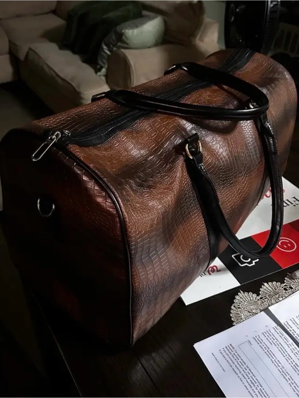 Unisex Brown Textured Travel Duffel Bag with Black Handles